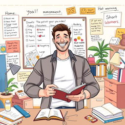 An inspiring illustration of Sam, a solo parent and business owner, portrayed as a strong and optimistic adult male, with a friendly demeanor