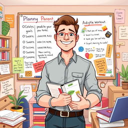 An inspiring illustration of Sam, a solo parent and business owner, portrayed as a strong and optimistic adult male, with a friendly demeanor