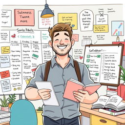An inspiring illustration of Sam, a solo parent and business owner, portrayed as a strong and optimistic adult male, with a friendly demeanor