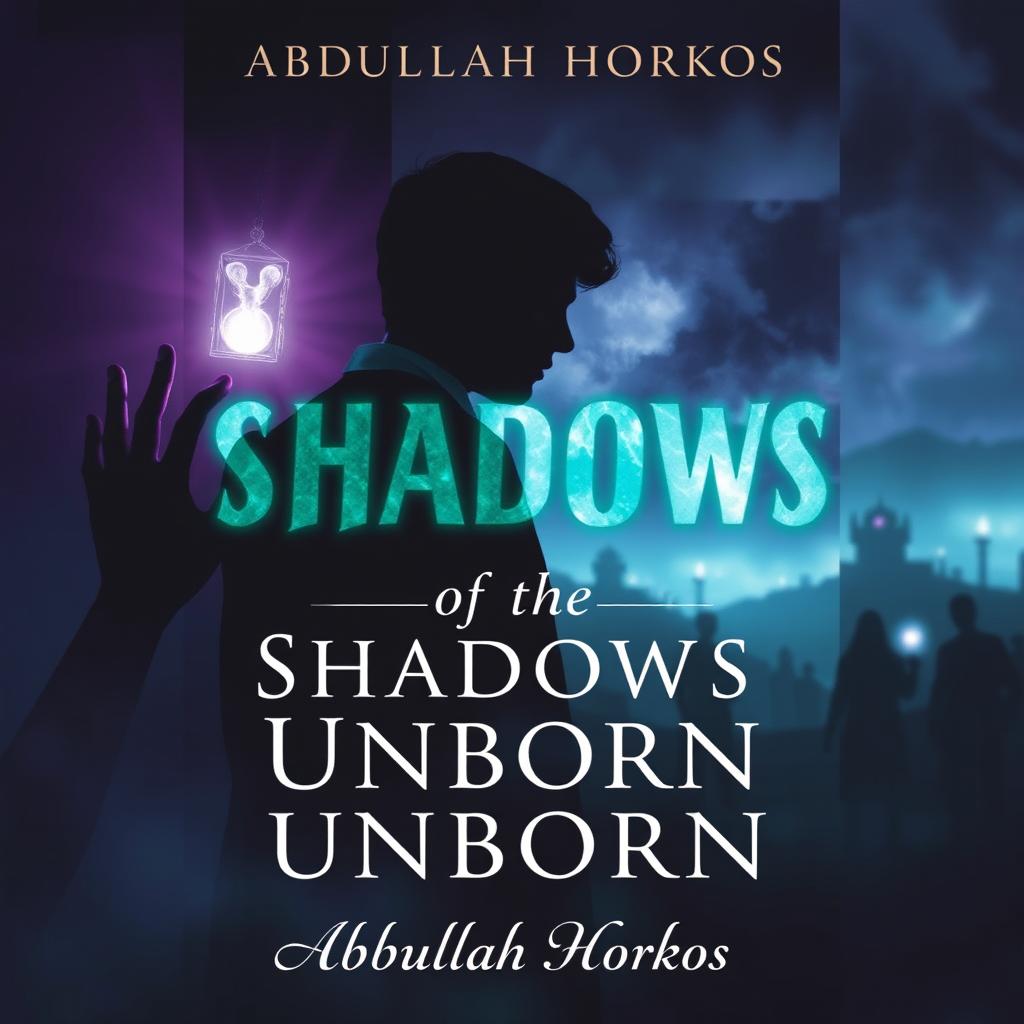 A dark and atmospheric book cover for 'Shadows of the Unborn' by Abdullah Horkos, blending supernatural horror with mystery