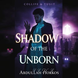 A dark and atmospheric book cover for 'Shadows of the Unborn' by Abdullah Horkos, blending supernatural horror with mystery