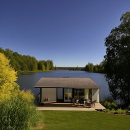 A quaint small house located by a peaceful lake, featuring a spacious deck.