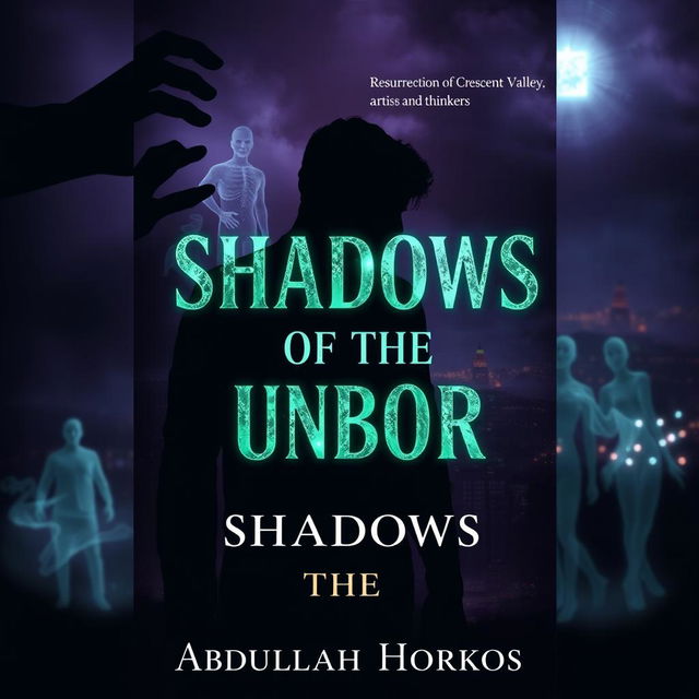 A dark and atmospheric book cover for 'Shadows of the Unborn' by Abdullah Horkos, blending supernatural horror with mystery