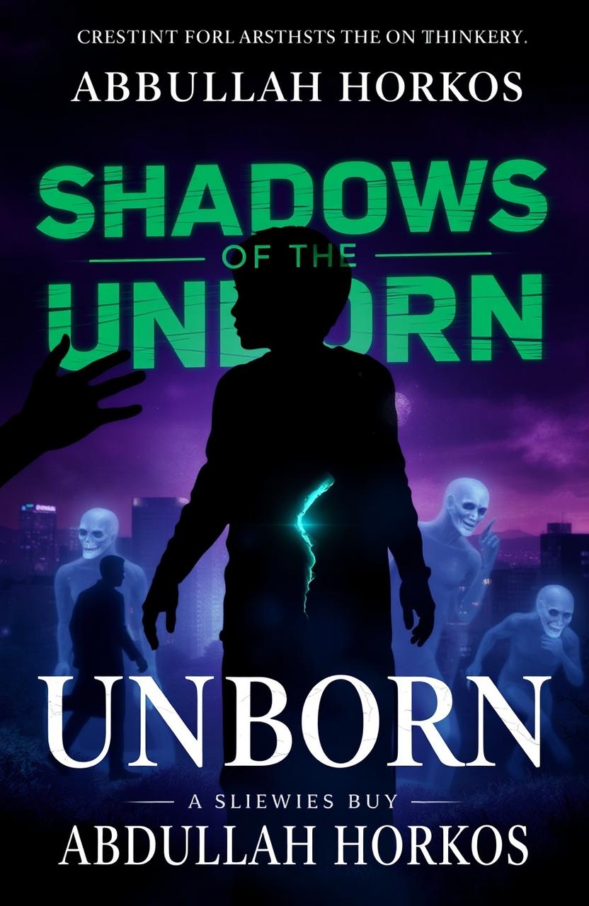 A dark and atmospheric book cover for 'Shadows of the Unborn' by Abdullah Horkos, blending supernatural horror with mystery