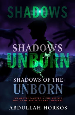 A dark and atmospheric book cover for 'Shadows of the Unborn' by Abdullah Horkos, blending supernatural horror with mystery