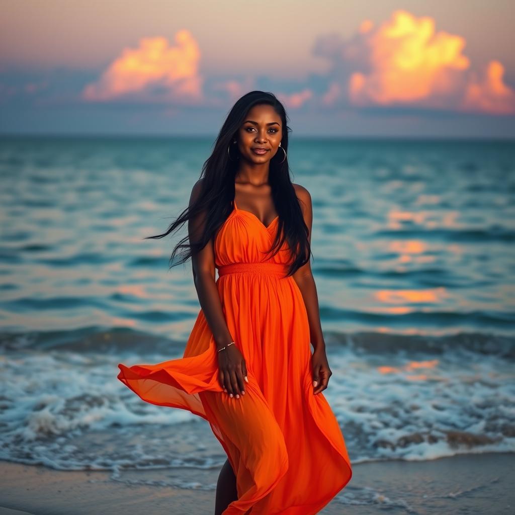 A beautiful dusky woman standing on a beach during sunset, with soft waves lapping at her feet