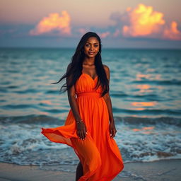 A beautiful dusky woman standing on a beach during sunset, with soft waves lapping at her feet