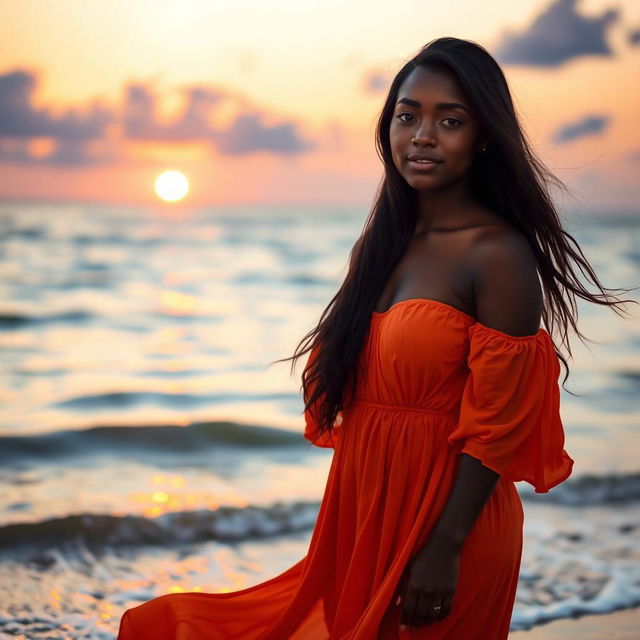 A beautiful dusky woman standing on a beach during sunset, with soft waves lapping at her feet