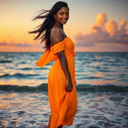 A beautiful dusky woman standing on a beach during sunset, with soft waves lapping at her feet