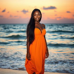 A beautiful dusky woman standing on a beach during sunset, with soft waves lapping at her feet