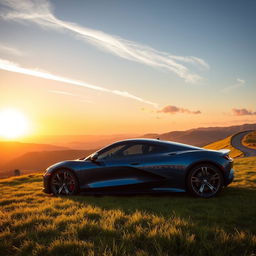 A sleek, modern car parked in a picturesque landscape