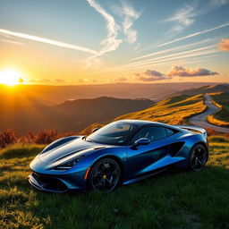 A sleek, modern car parked in a picturesque landscape