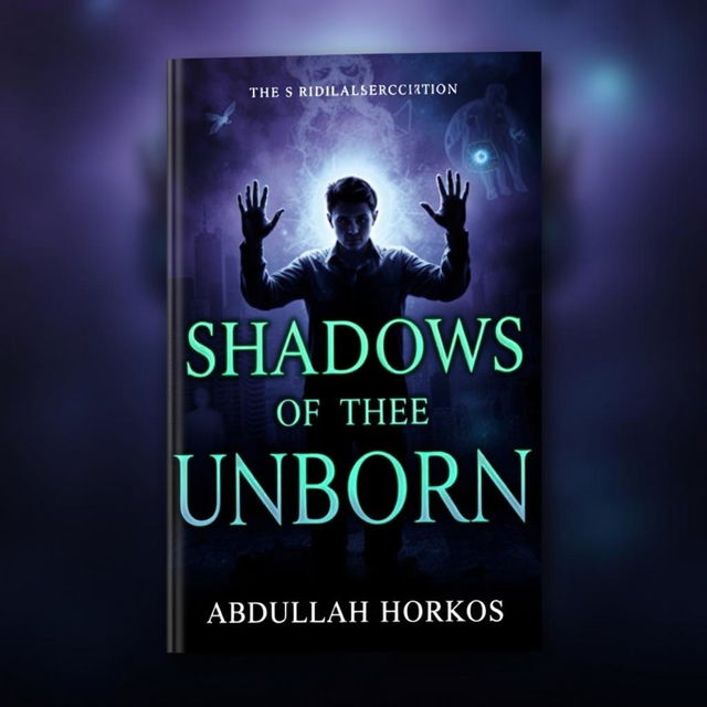 A dark, mysterious book cover for 'Shadows of the Unborn' by Abdullah Horkos, featuring a ghostly figure of a young man standing between life and death