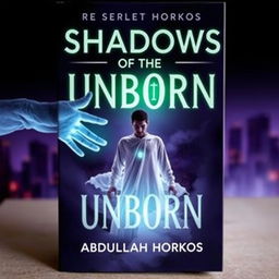 A dark, mysterious book cover for 'Shadows of the Unborn' by Abdullah Horkos, featuring a ghostly figure of a young man standing between life and death