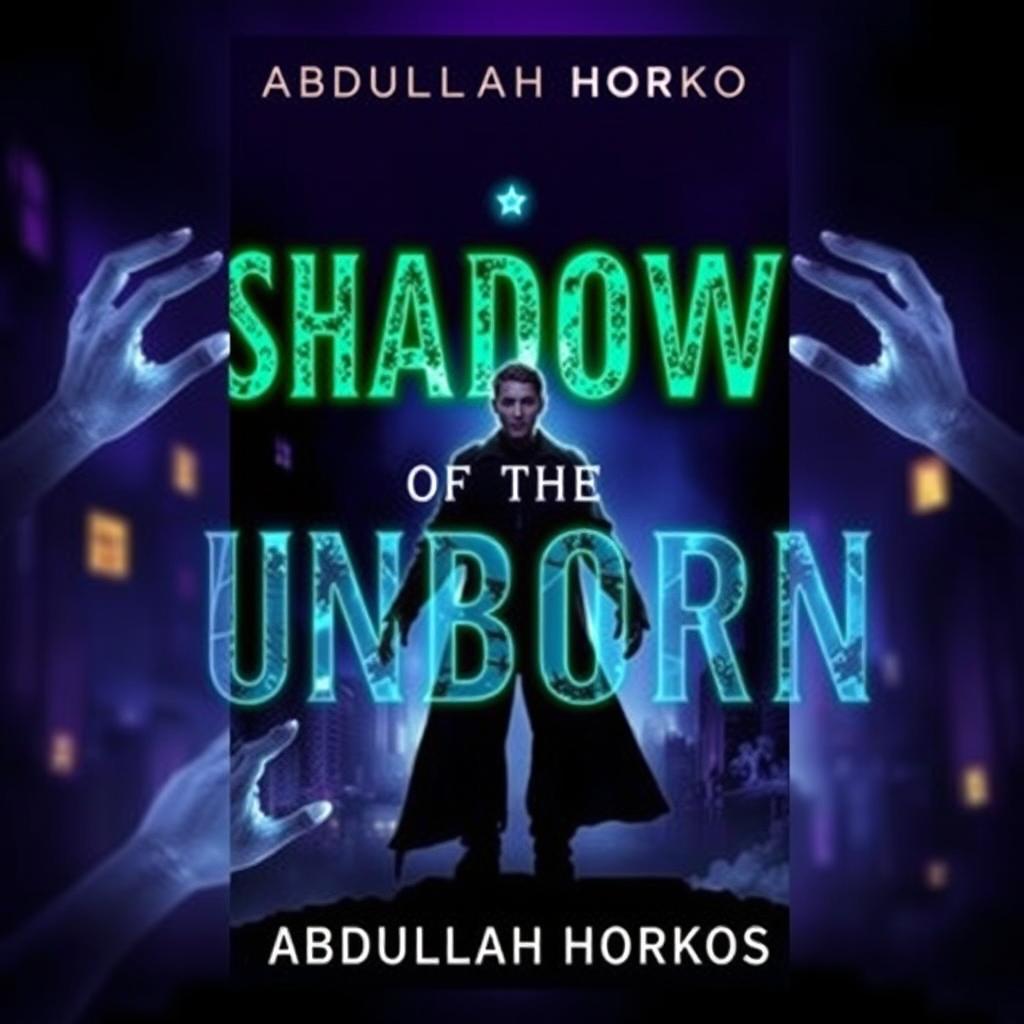 A dark, mysterious book cover for 'Shadows of the Unborn' by Abdullah Horkos, featuring a ghostly figure of a young man standing between life and death