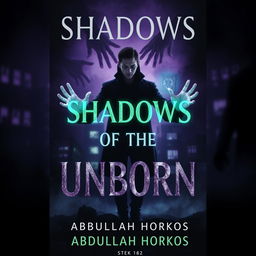 A dark, mysterious book cover for 'Shadows of the Unborn' by Abdullah Horkos, featuring a ghostly figure of a young man standing between life and death