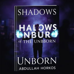A dark, mysterious book cover for 'Shadows of the Unborn' by Abdullah Horkos, featuring a ghostly figure of a young man standing between life and death