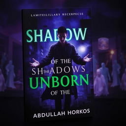 A dark, mysterious book cover for 'Shadows of the Unborn' by Abdullah Horkos, featuring a ghostly figure of a young man standing between life and death