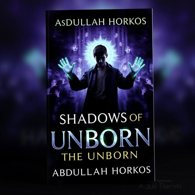 A dark, mysterious book cover for 'Shadows of the Unborn' by Abdullah Horkos, featuring a ghostly figure of a young man standing between life and death