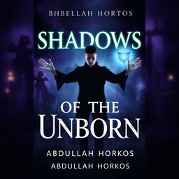 A dark, mysterious book cover for 'Shadows of the Unborn' by Abdullah Horkos, featuring a ghostly figure of a young man standing between life and death