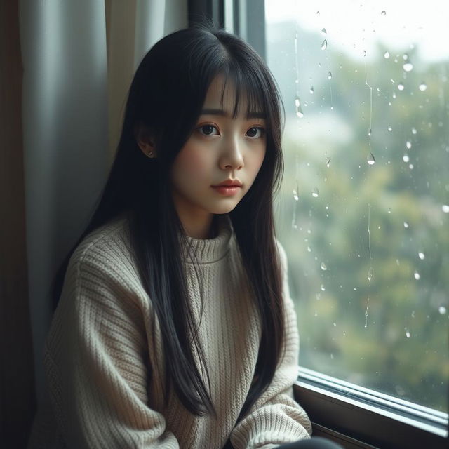 A cute Korean woman with long black hair, wearing a cozy beige sweater, sitting by a rain-soaked window