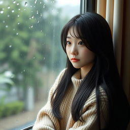 A cute Korean woman with long black hair, wearing a cozy beige sweater, sitting by a rain-soaked window