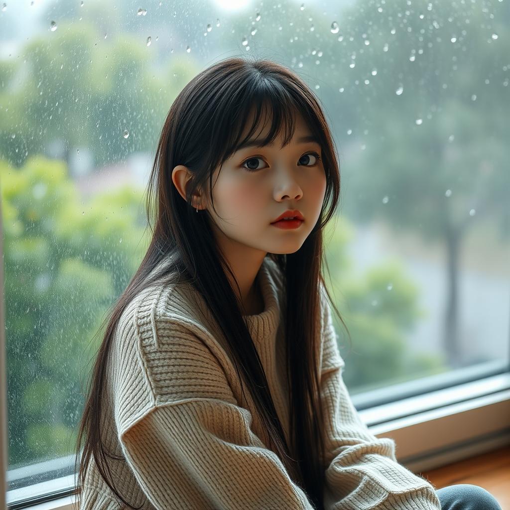 A cute Korean woman with long black hair, wearing a cozy beige sweater, sitting by a rain-soaked window