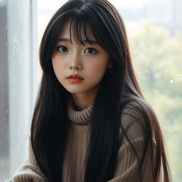 A cute Korean woman with long black hair, wearing a cozy beige sweater, sitting by a rain-soaked window