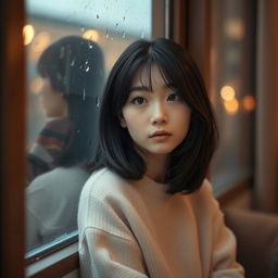 A cute Korean woman with medium-length black hair, wearing a soft pastel sweater, sitting by a rain-drenched window