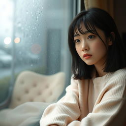 A cute Korean woman with medium-length black hair, wearing a soft pastel sweater, sitting by a rain-drenched window