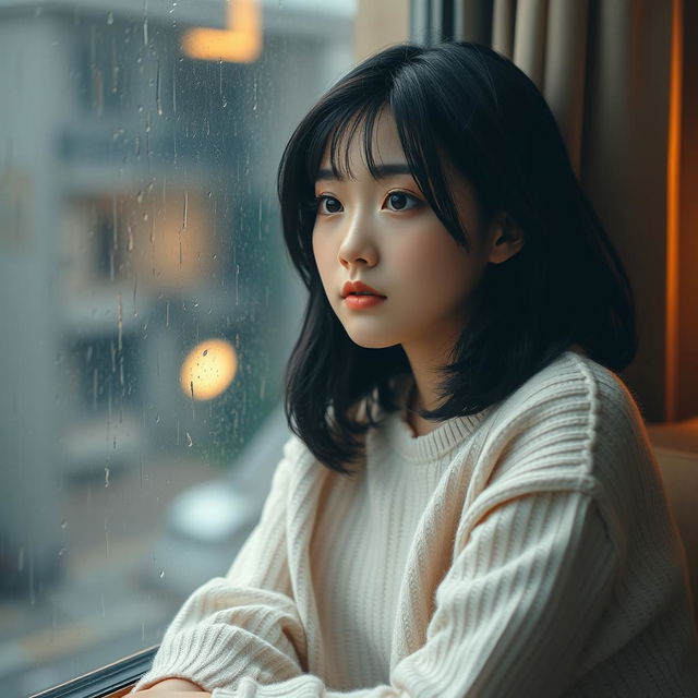 A cute Korean woman with medium-length black hair, wearing a soft pastel sweater, sitting by a rain-drenched window