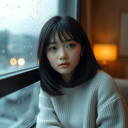 A cute Korean woman with medium-length black hair, wearing a soft pastel sweater, sitting by a rain-drenched window