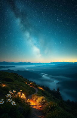 A mesmerizing scene depicting a starlit journey across a vast, ethereal landscape