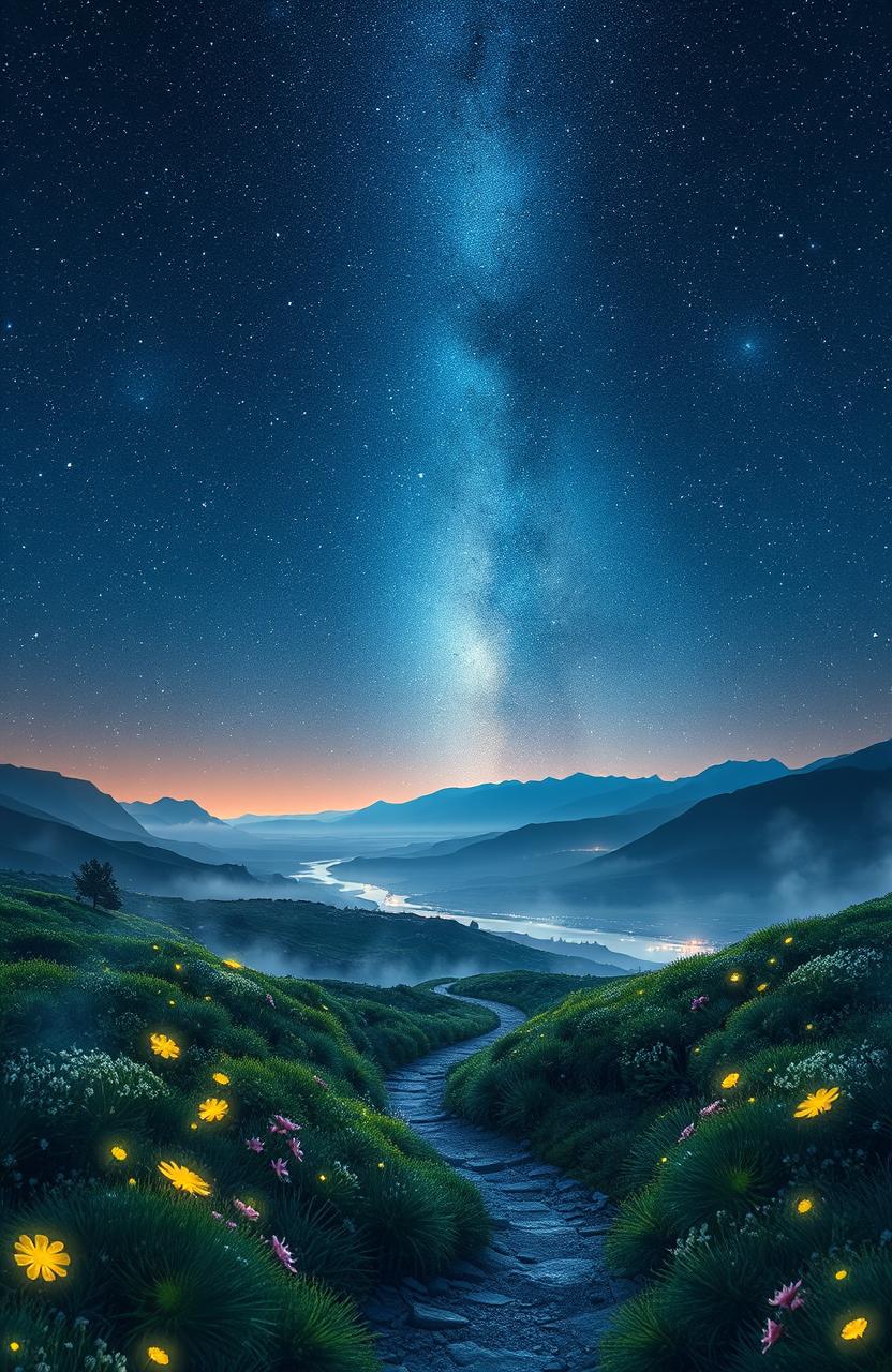 A mesmerizing scene depicting a starlit journey across a vast, ethereal landscape