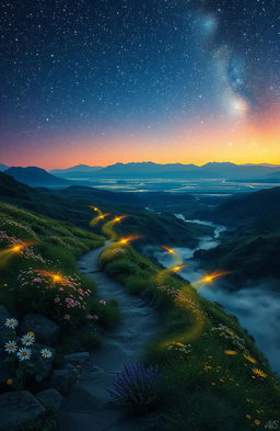 A mesmerizing scene depicting a starlit journey across a vast, ethereal landscape