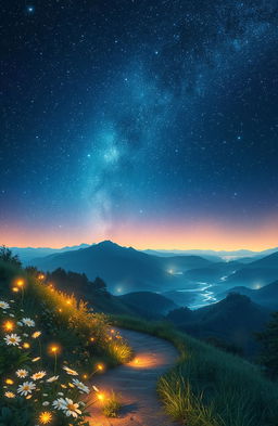 A mesmerizing scene depicting a starlit journey across a vast, ethereal landscape