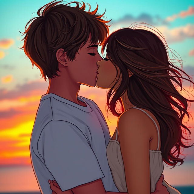 A romantic scene depicting a boy and girl passionately kissing, surrounded by a dreamy sunset backdrop