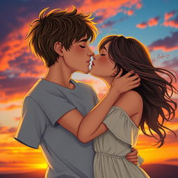 A romantic scene depicting a boy and girl passionately kissing, surrounded by a dreamy sunset backdrop