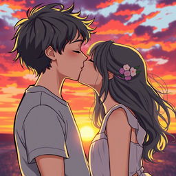 A romantic scene depicting a boy and girl passionately kissing, surrounded by a dreamy sunset backdrop