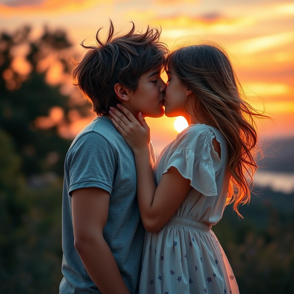 A romantic scene depicting a boy and girl passionately kissing, surrounded by a dreamy sunset backdrop