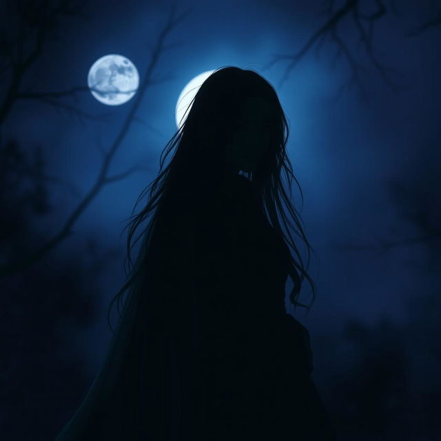 A mysterious girl partially shrouded in shadows, her silhouette illuminated by a faint moonlight