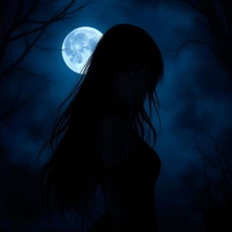 A mysterious girl partially shrouded in shadows, her silhouette illuminated by a faint moonlight