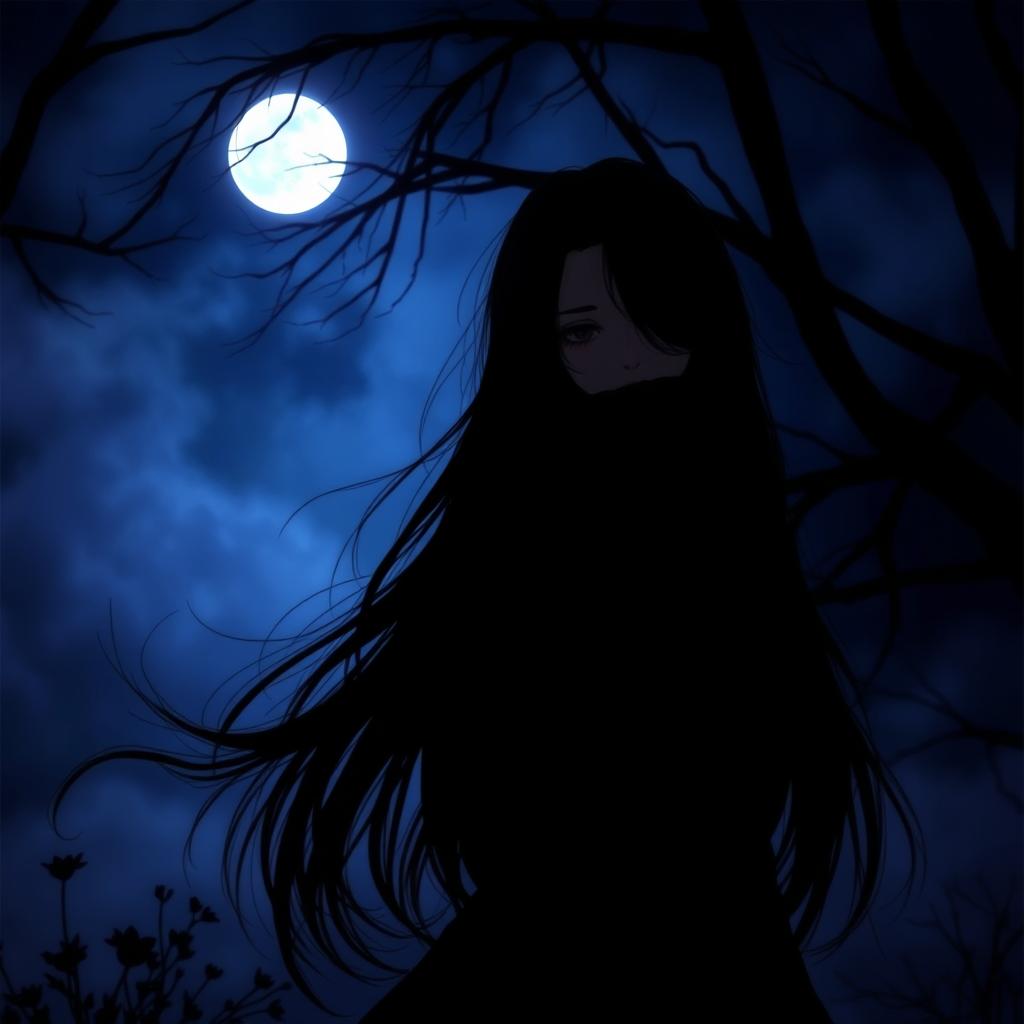 A mysterious girl partially shrouded in shadows, her silhouette illuminated by a faint moonlight