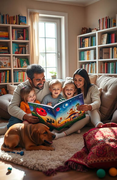 A warm, inviting scene of a family gathered together in a cozy living room, reading a book