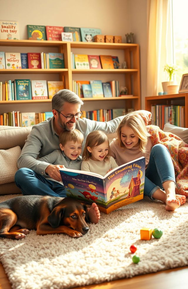 A warm, inviting scene of a family gathered together in a cozy living room, reading a book