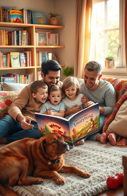 A warm, inviting scene of a family gathered together in a cozy living room, reading a book