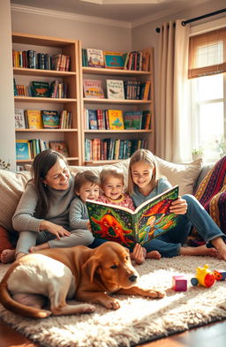 A warm, inviting scene of a family gathered together in a cozy living room, reading a book
