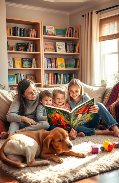 A warm, inviting scene of a family gathered together in a cozy living room, reading a book