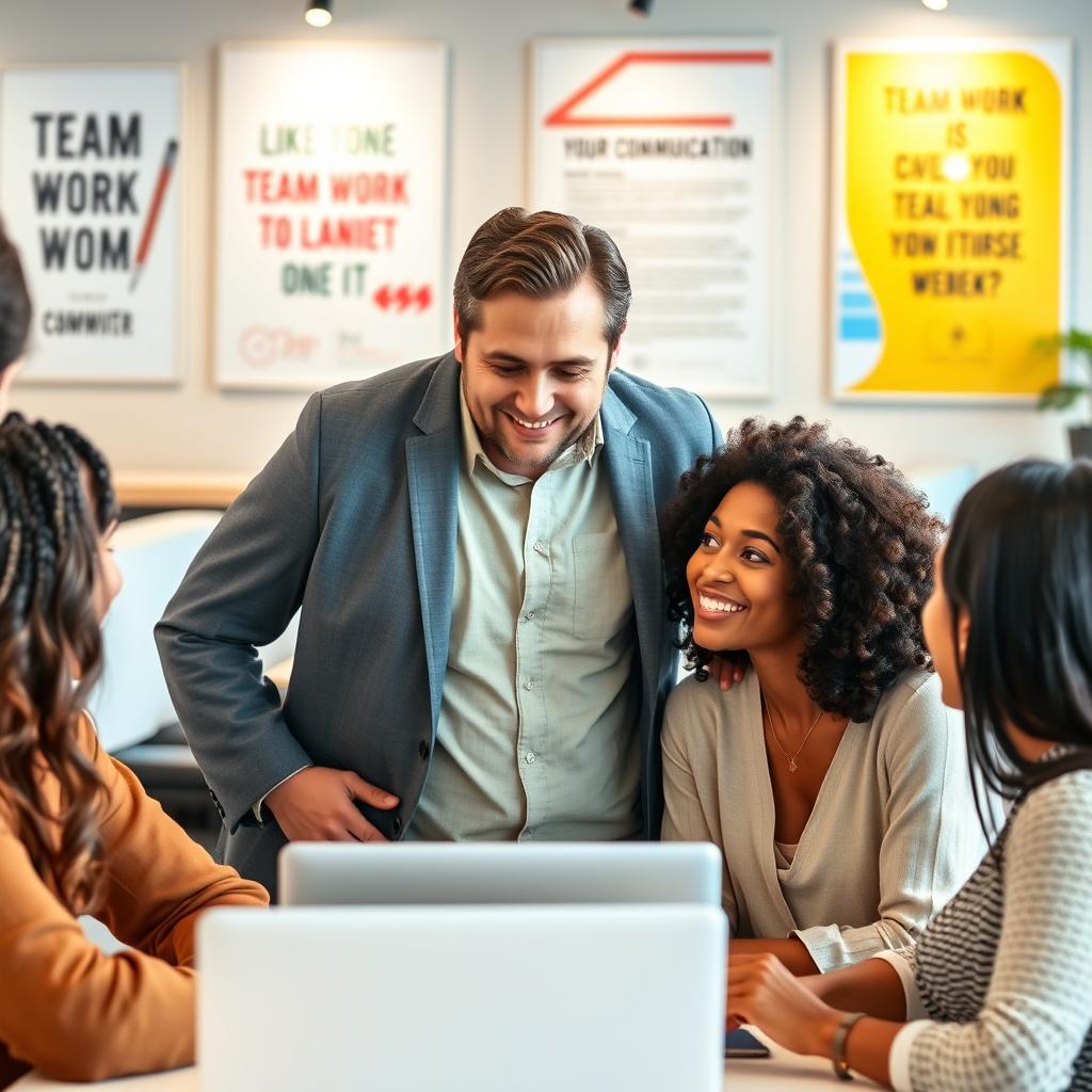 An engaging scene featuring Jake, a team leader in a modern office environment, depicted as an approachable adult male with a friendly demeanor