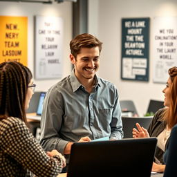 An engaging scene featuring Jake, a team leader in a modern office environment, depicted as an approachable adult male with a friendly demeanor